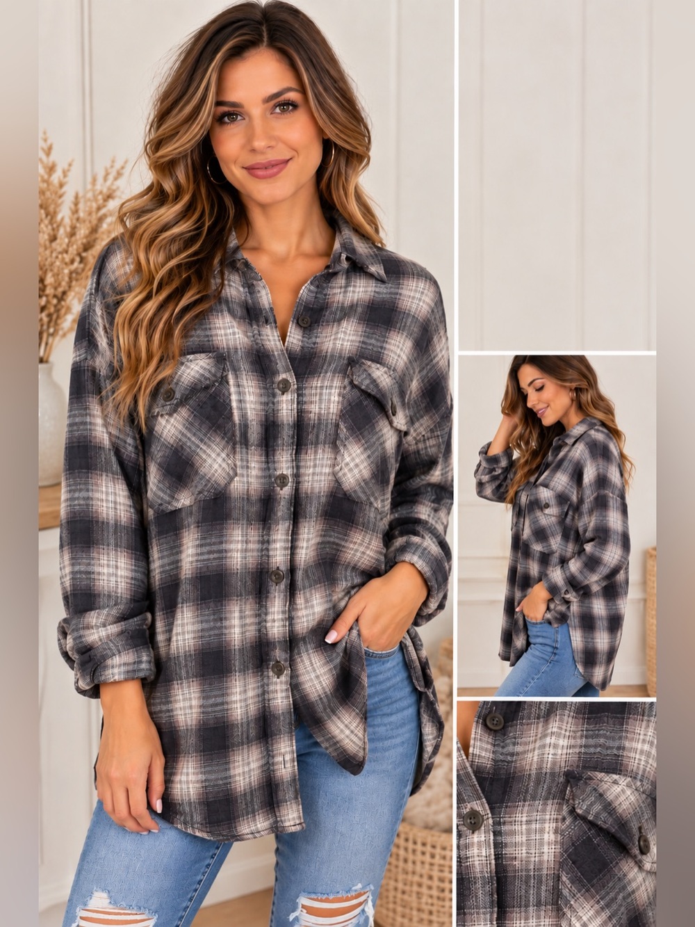 Wild Fable Black Gray Plaid Button Front Shirt NWT Size M